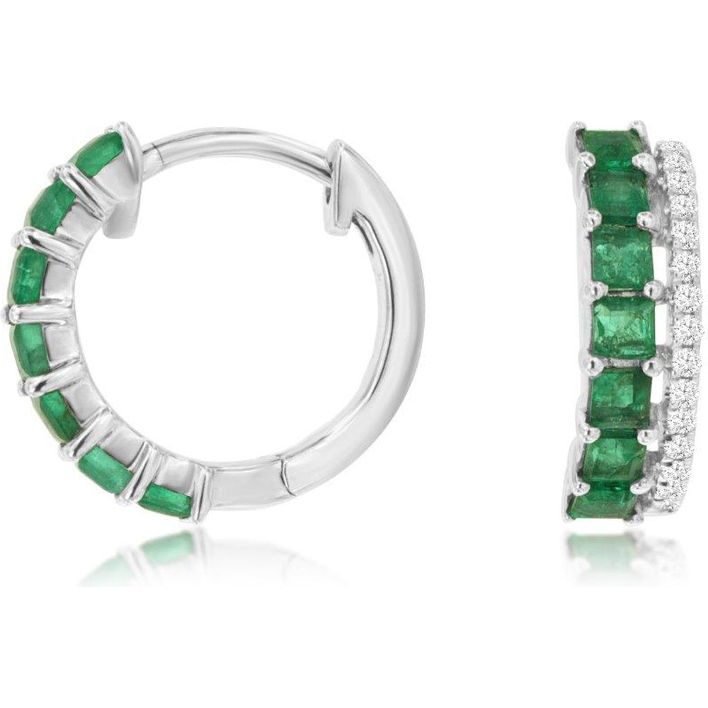 14K White Gold Huggie Hoop Earrings with Square-Cut Emerald and Pave-Set Round Diamonds - 0.77 Carat Total Emerald Weight and 0.09 Carat Total Diamond Weight - Royal Jewelry