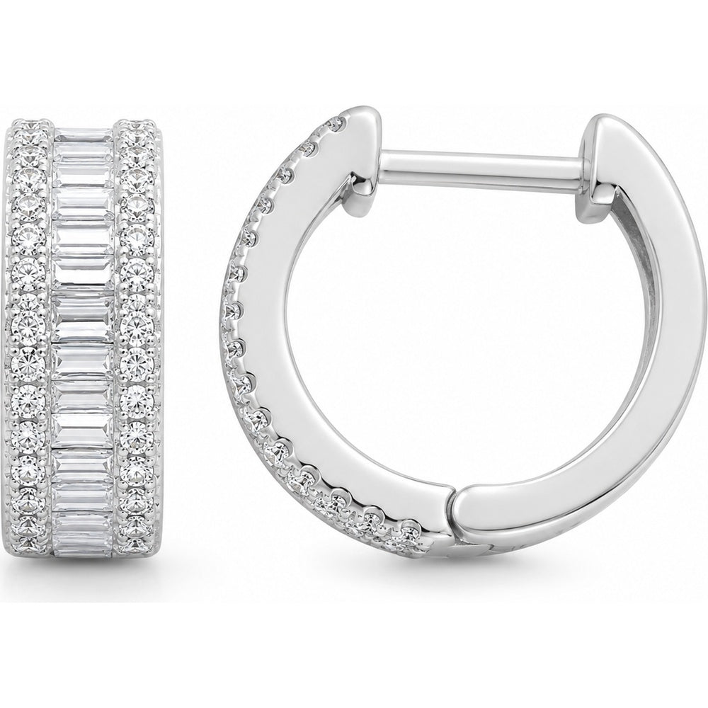 14K White Gold Huggies Earrings with Baguette and Round Diamonds - 0.52 Carat Total Diamond Weight by Auriventus