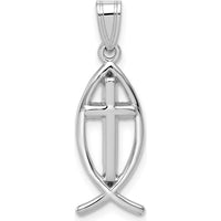 14K White Gold Ichthus Fish Cross Pendant with Rhodium Plating - 26mm Length, 9mm Width by Oro Pregiato