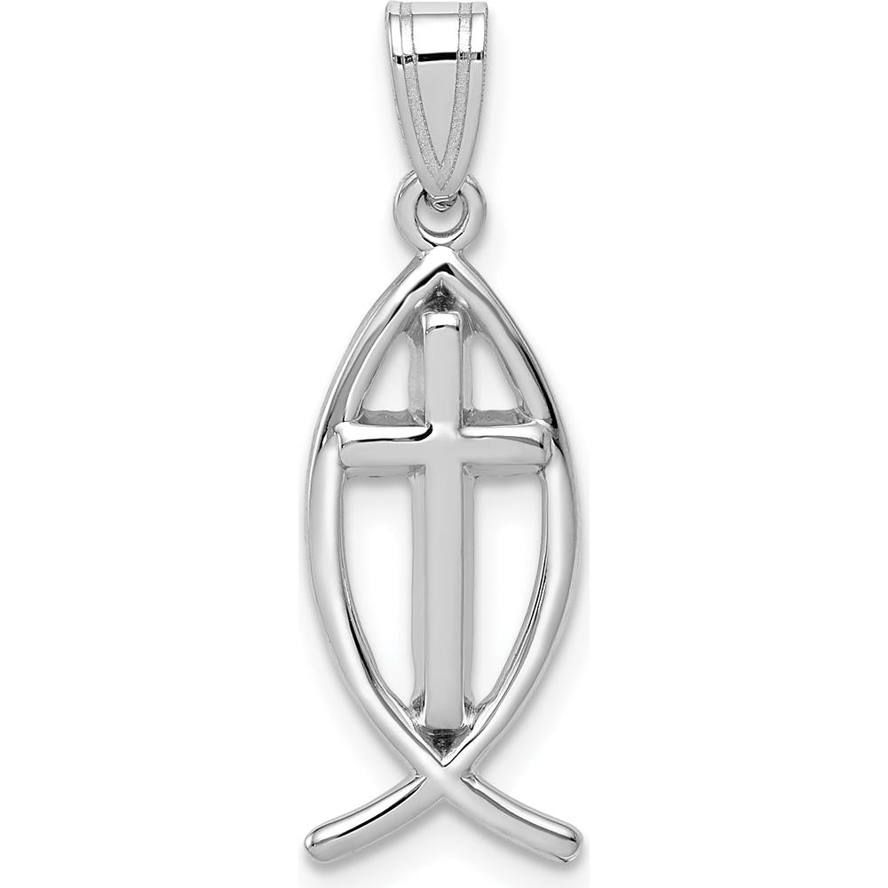 14K White Gold Ichthus Fish Cross Pendant with Rhodium Plating - 26mm Length, 9mm Width by Oro Pregiato