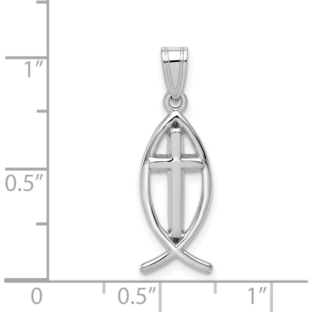 14K White Gold Ichthus Fish Cross Pendant with Rhodium Plating - 26mm Length, 9mm Width by Oro Pregiato