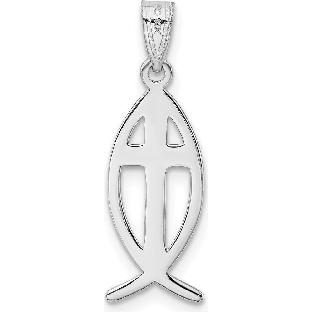 14K White Gold Ichthus Fish Cross Pendant with Rhodium Plating - 26mm Length, 9mm Width by Oro Pregiato