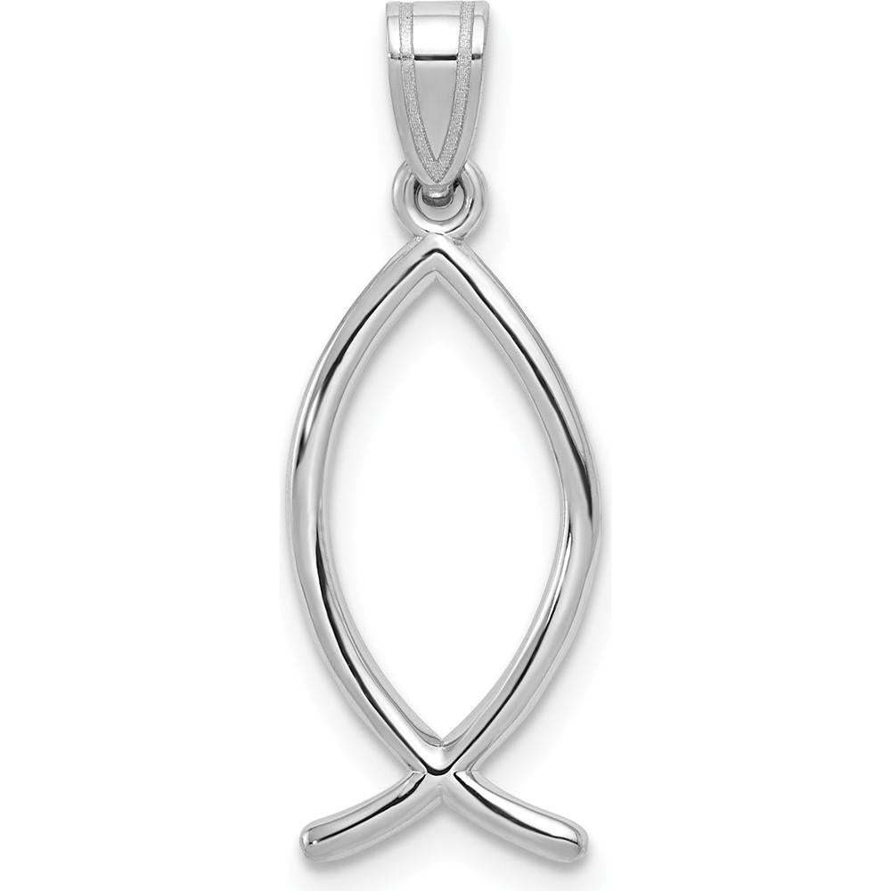 14K White Gold Ichthus Fish Pendant with Rhodium Plating - 26mm Length by Oro Pregiato