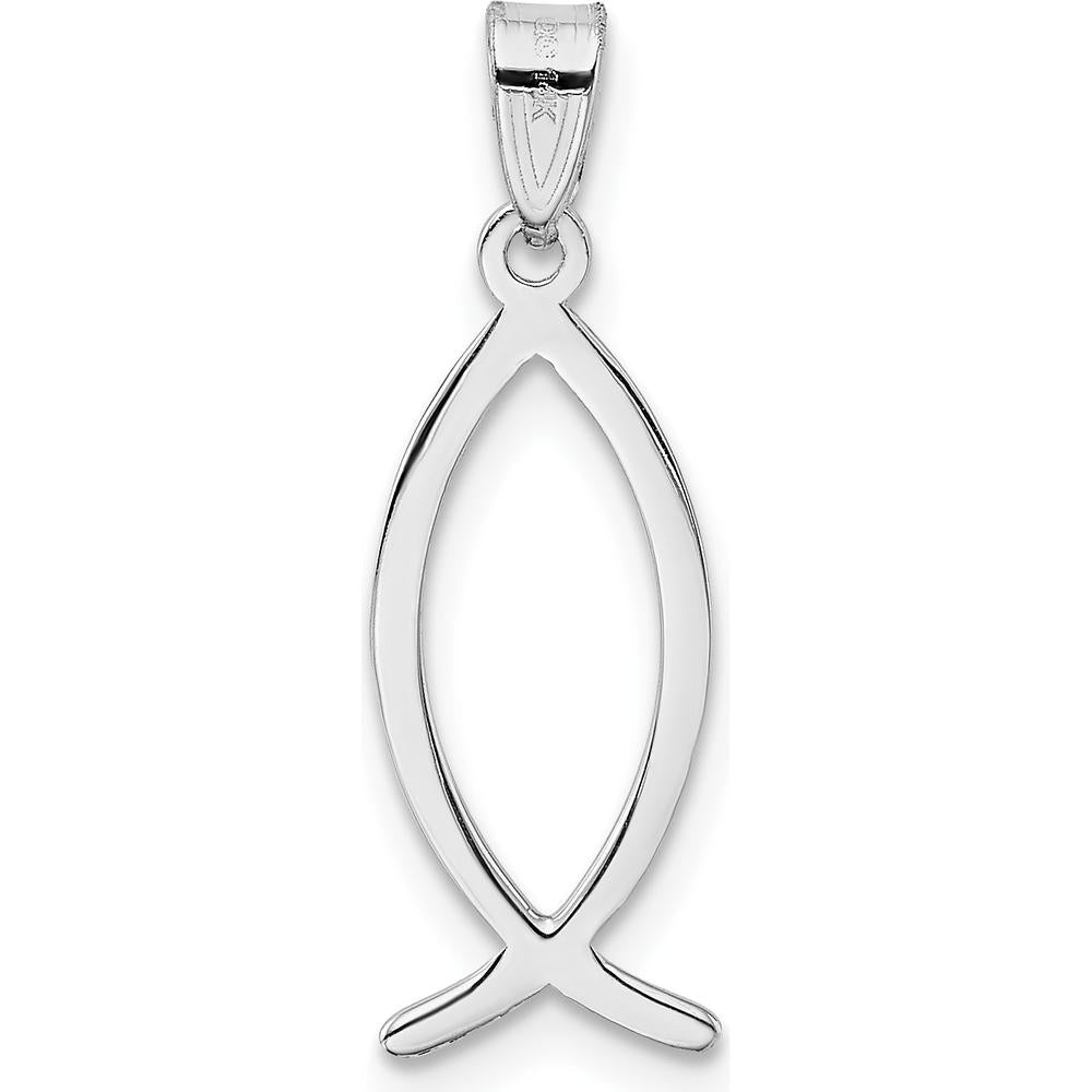 14K White Gold Ichthus Fish Pendant with Rhodium Plating - 26mm Length by Oro Pregiato