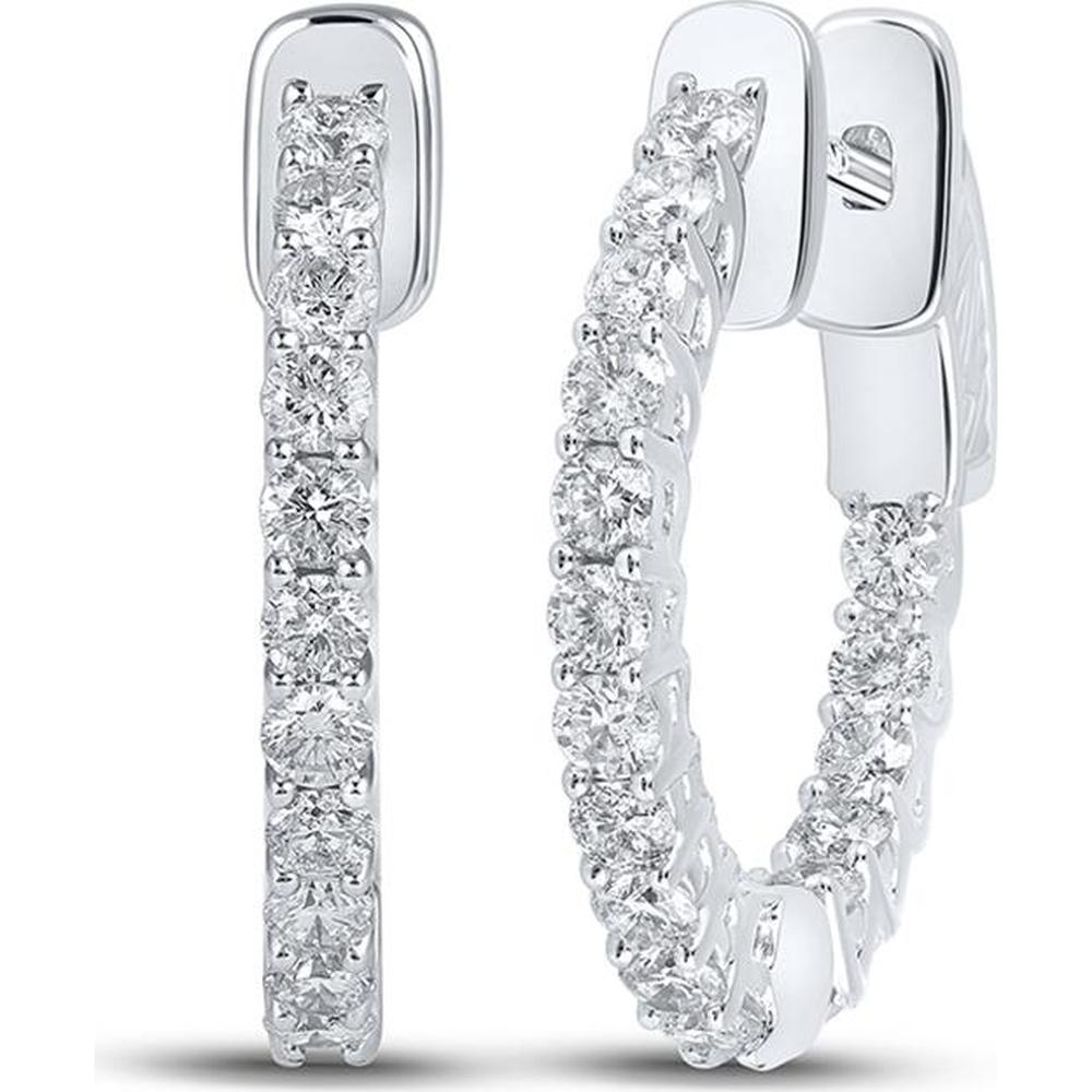 14K White Gold In-and-Out Medium Hoop Earrings with Prong-Set Round Diamonds - 1.00 Carat Total Diamond Weight