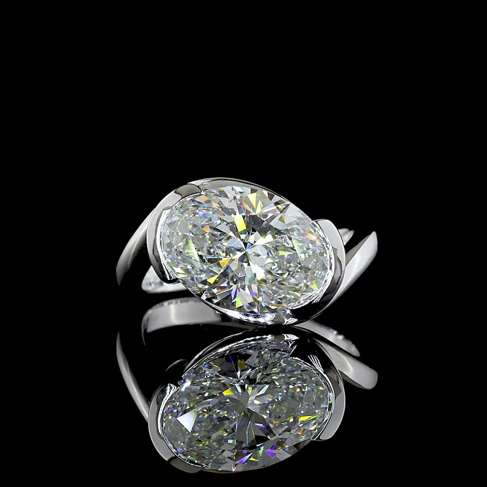 14K White Gold Inclined Half Bezel Solitaire Ring with 4.02 Carat Oval Cut Lab Diamond - E-F Color VS1 Clarity - Covaloro Fine Jewelry