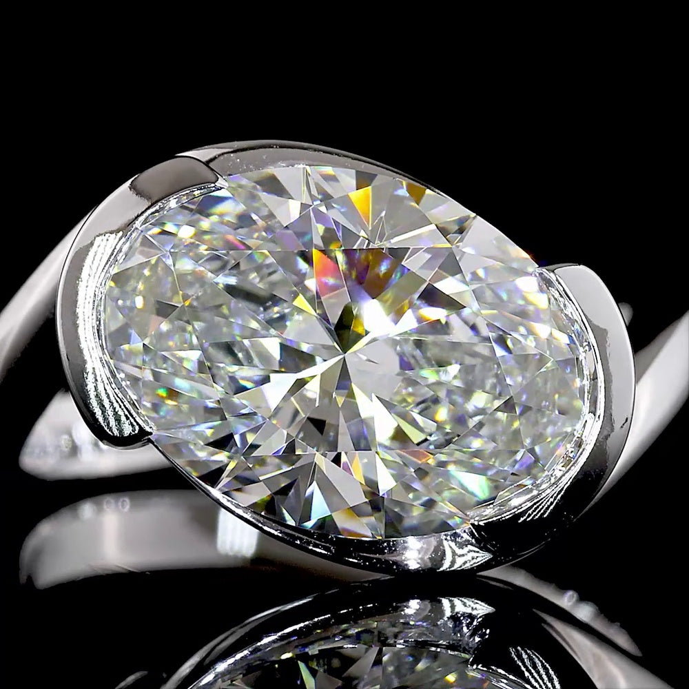 14K White Gold Inclined Half Bezel Solitaire Ring with 4.02 Carat Oval Cut Lab Diamond - E-F Color VS1 Clarity - Covaloro Fine Jewelry