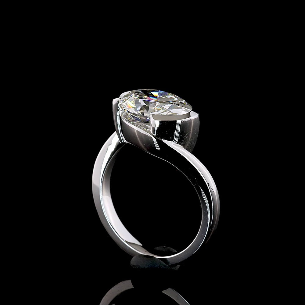 14K White Gold Inclined Half Bezel Solitaire Ring with 4.02 Carat Oval Cut Lab Diamond - E-F Color VS1 Clarity - Covaloro Fine Jewelry