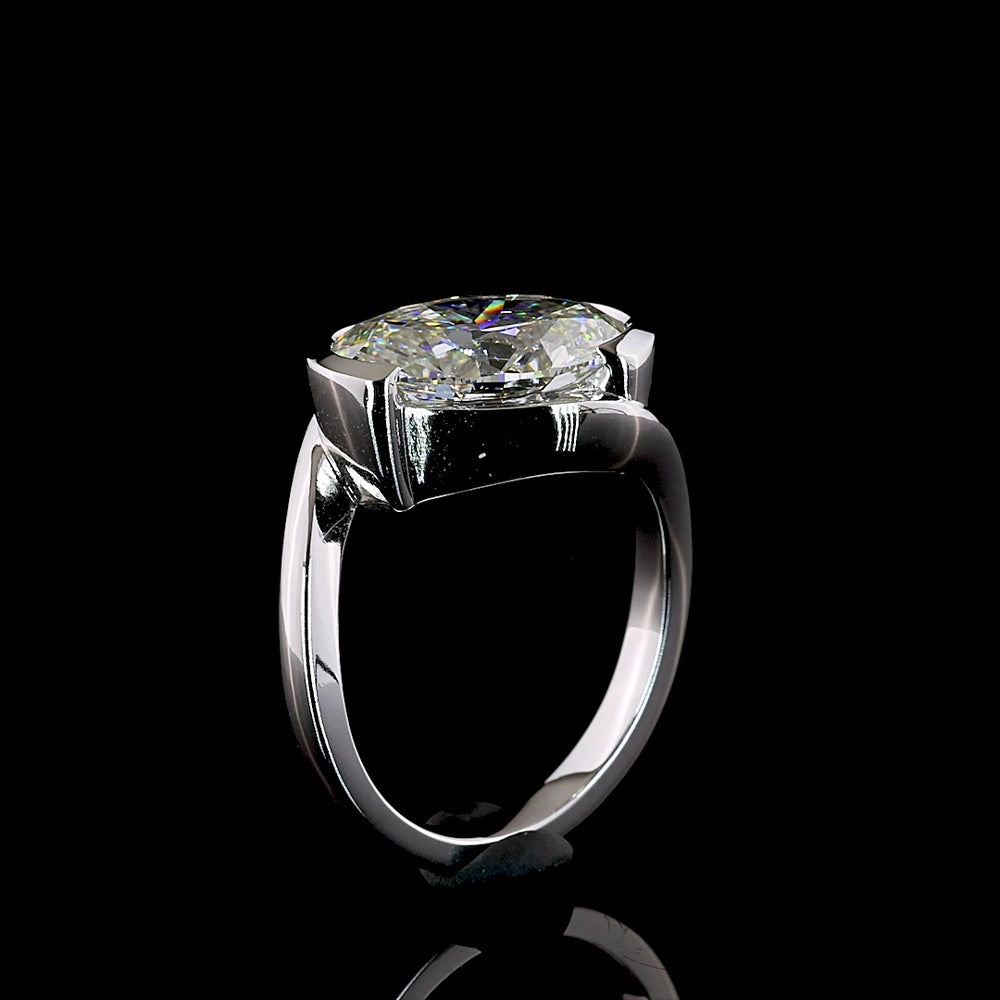 14K White Gold Inclined Half Bezel Solitaire Ring with 4.02 Carat Oval Cut Lab Diamond - E-F Color VS1 Clarity - Covaloro Fine Jewelry