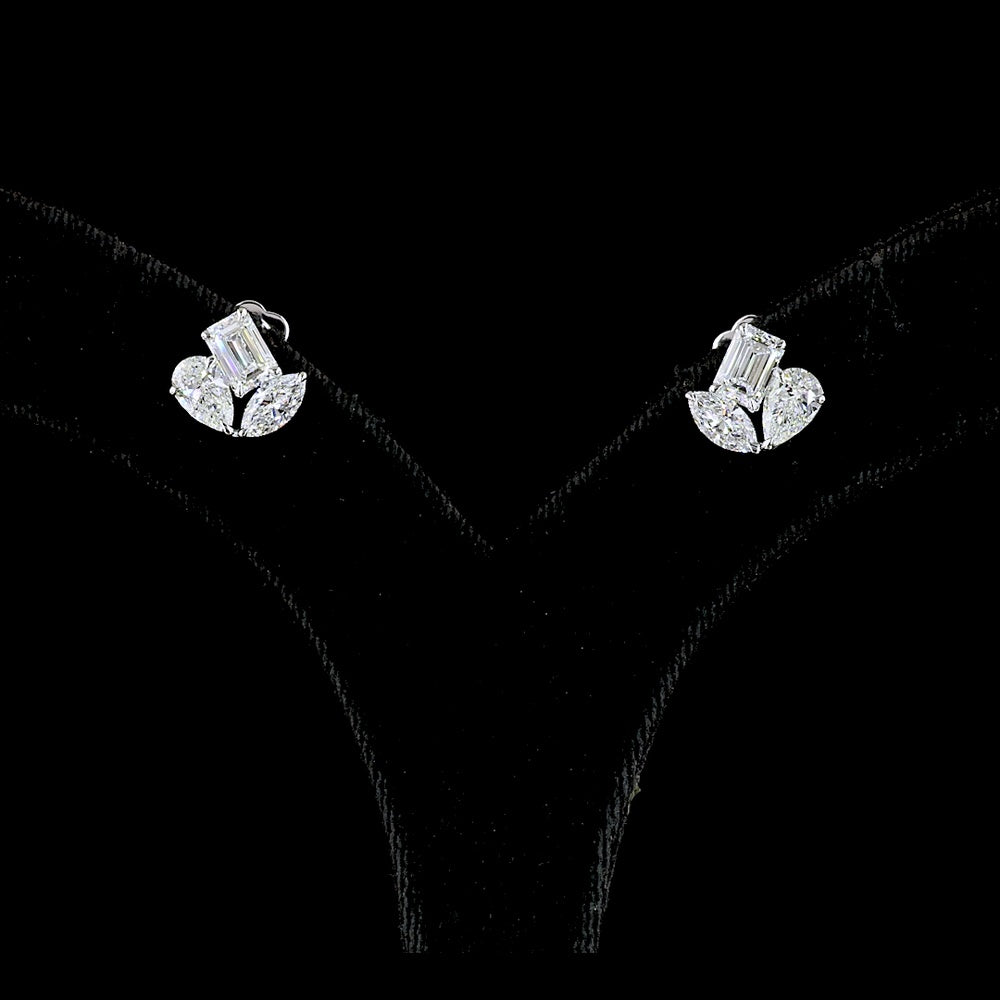 14K White Gold Inclined Mixed-Shape Stud Earrings with Emerald, Pear, and Marquise Lab Diamonds - 2.97 Carat Total Weight - Covaloro Fine Jewelry