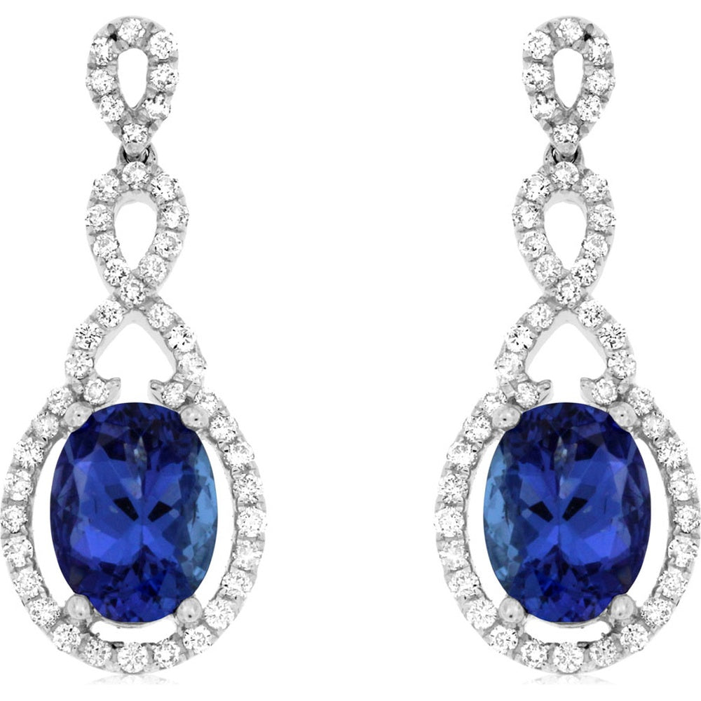 14K White Gold Infinity Drop Earrings with Oval Tanzanite and Round Diamond Accents - 1.65 Carat Total Tanzanite Weight and 0.42 Carat Total Diamond Weight - Royal Jewelry