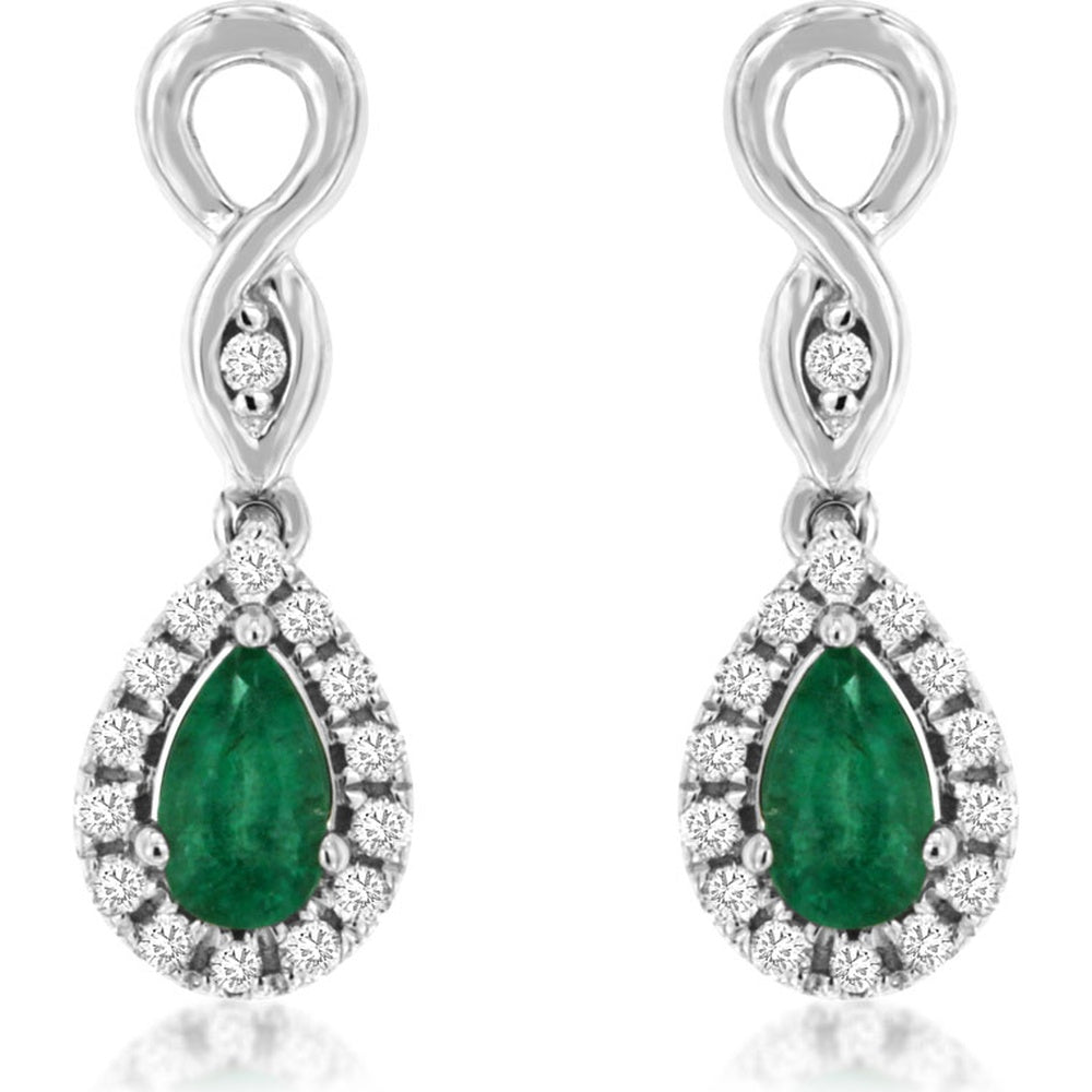 14K White Gold Infinity Drop Earrings with Pear-Shaped Emerald and Diamond Halo - 0.42ct Total Emerald Weight and 0.17ct Total Diamond Weight - Royal Jewelry