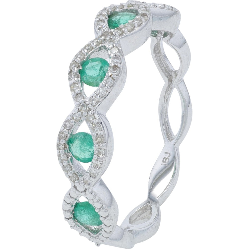 14K White Gold Infinity-Inspired Band with Round Emeralds and Diamond Halos - 0.13 Carat Total Diamond Weight
