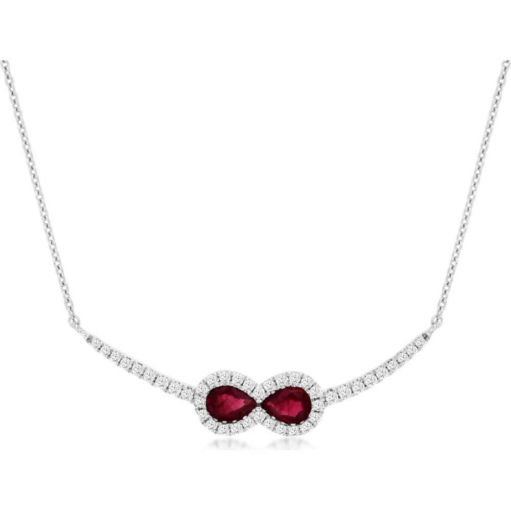 14K White Gold Infinity Motif Necklace with Pear-Shaped Rubies and Diamond Halo - 0.37 Carat Ruby and 0.16 Carat Diamond Total Weight - Royal Jewelry
