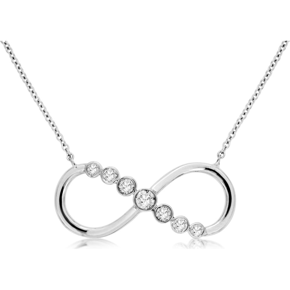 14K White Gold Infinity Pendant Necklace with Graduating Bezel-Set Round Diamonds - 0.22 Carat Total Diamond Weight - Royal Jewelry