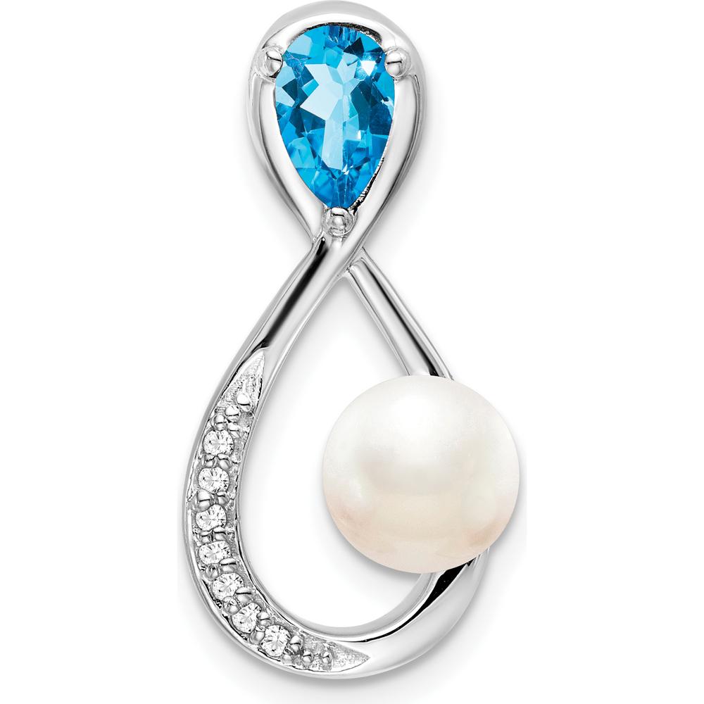 14K White Gold Infinity Pendant with 6x4mm Pear Blue Topaz, Freshwater Cultured Pearl, and Diamonds - 1.455 Carat Total Gem Weight by Lumare Gioia