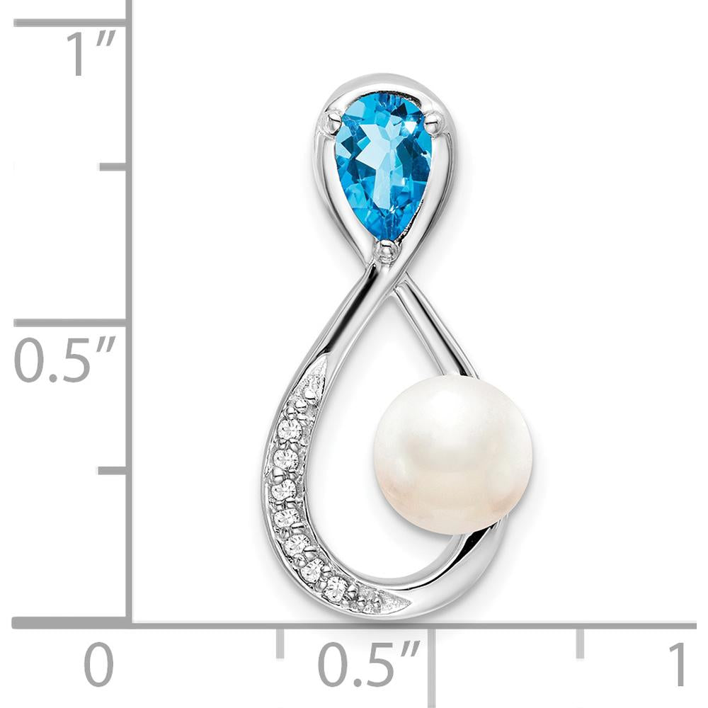 14K White Gold Infinity Pendant with 6x4mm Pear Blue Topaz, Freshwater Cultured Pearl, and Diamonds - 1.455 Carat Total Gem Weight by Lumare Gioia