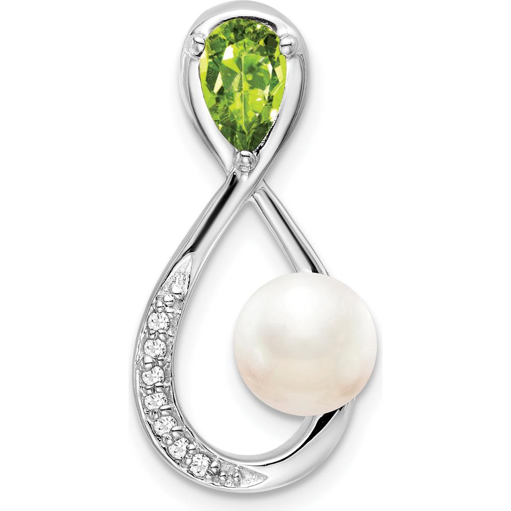 14K White Gold Infinity Pendant with 6x4mm Pear Peridot, Freshwater Cultured Pearl, and 7 Round Diamonds by Lumare Gioia