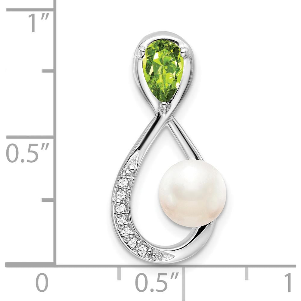 14K White Gold Infinity Pendant with 6x4mm Pear Peridot, Freshwater Cultured Pearl, and 7 Round Diamonds by Lumare Gioia