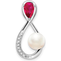 14K White Gold Infinity Pendant with Pear Ruby, Freshwater Cultured Pearl, and Round Diamonds - 1.455 Carat Total Ruby Weight, 0.52 Carat Total Diamond Weight by Lumare Gioia