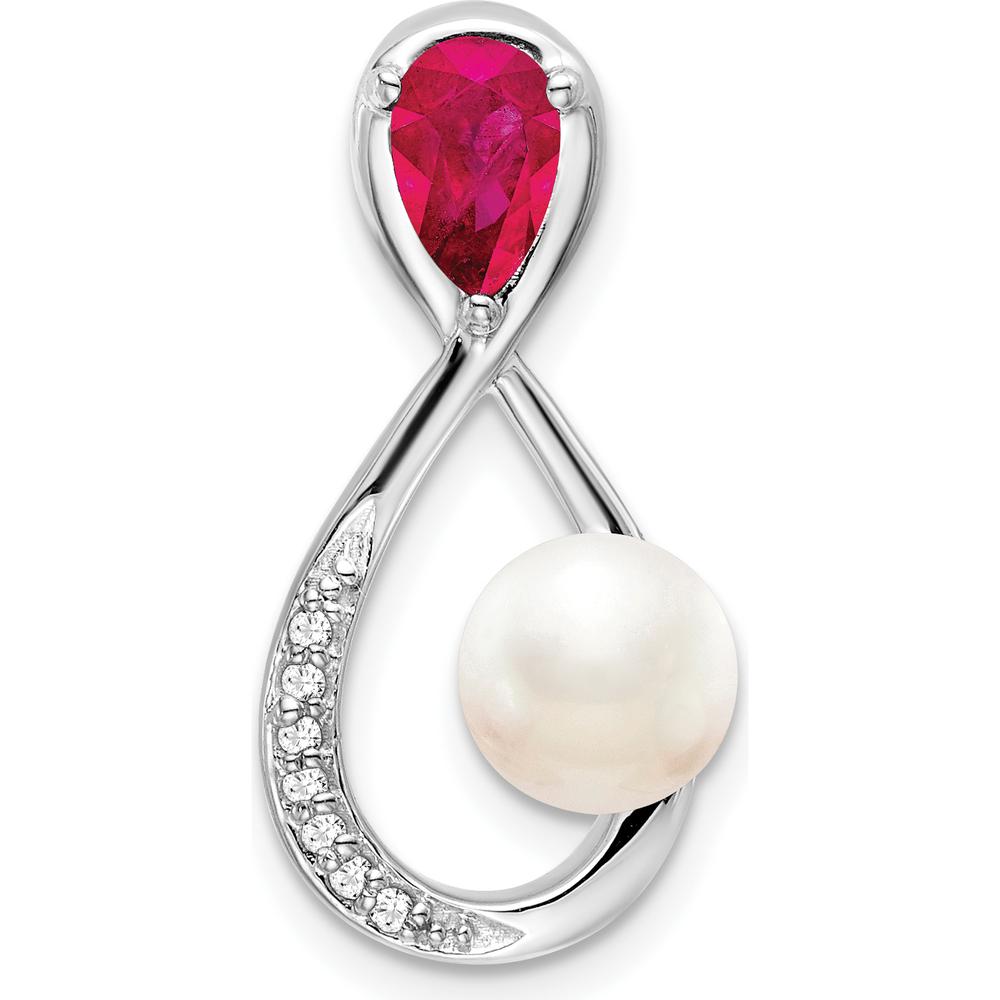 14K White Gold Infinity Pendant with Pear Ruby, Freshwater Cultured Pearl, and Round Diamonds - 1.455 Carat Total Ruby Weight, 0.52 Carat Total Diamond Weight by Lumare Gioia
