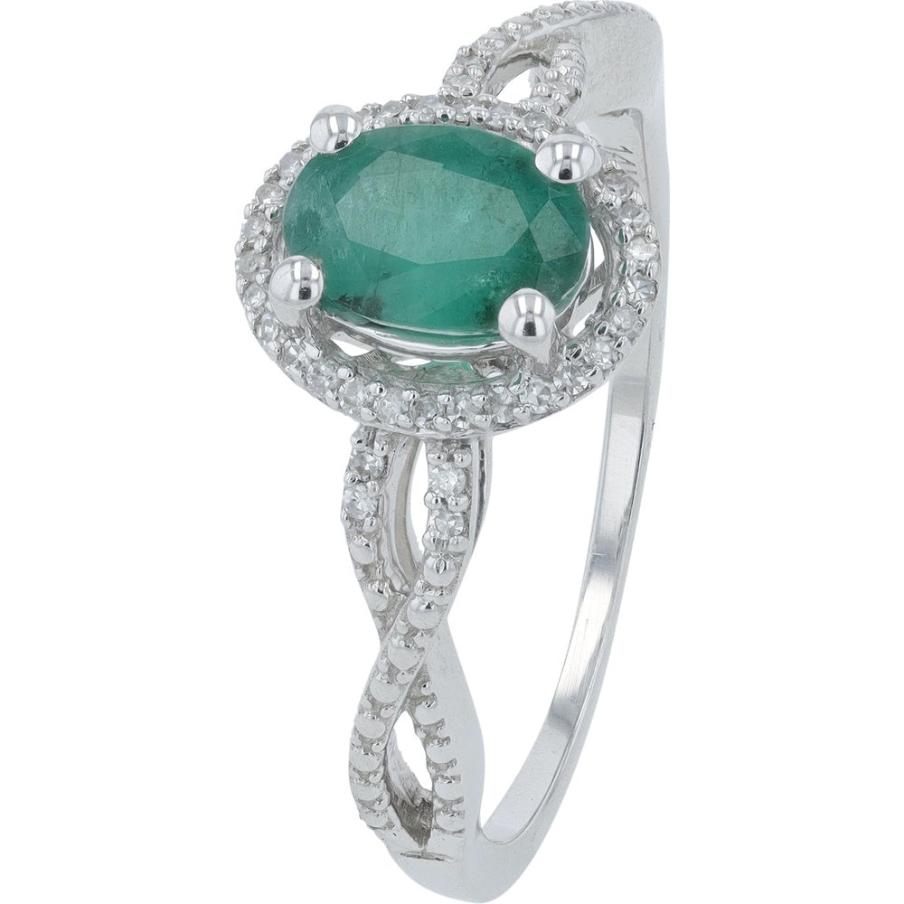 14K White Gold Infinity Shank Oval Emerald Halo Ring with 0.10 Carat Diamond Accents - 0.90 Carat Emerald Total Weight