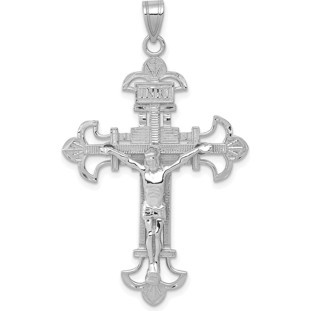 14K White Gold Inri Fleur de Lis Crucifix Pendant - Rhodium Plated by Oro Pregiato