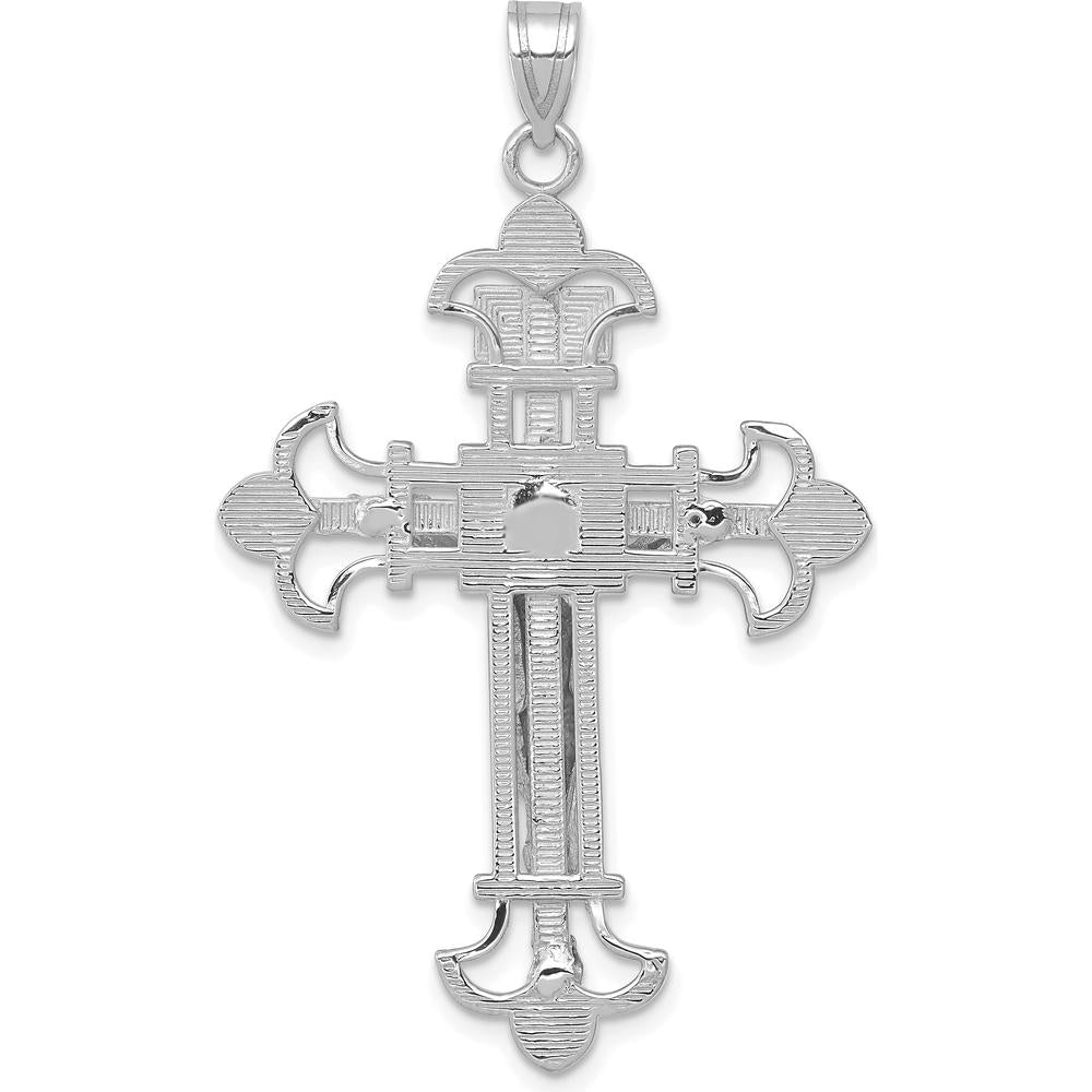 14K White Gold Inri Fleur de Lis Crucifix Pendant - Rhodium Plated by Oro Pregiato