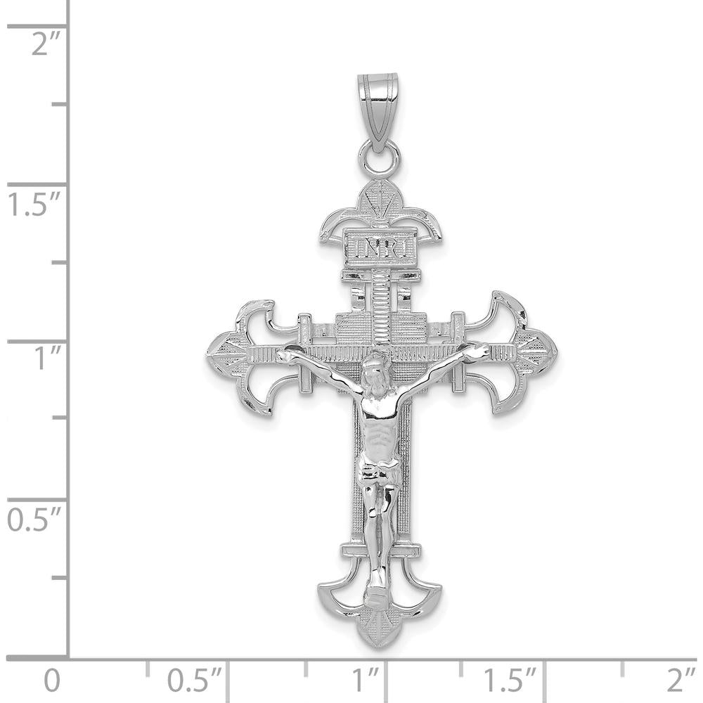14K White Gold Inri Fleur de Lis Crucifix Pendant - Rhodium Plated by Oro Pregiato