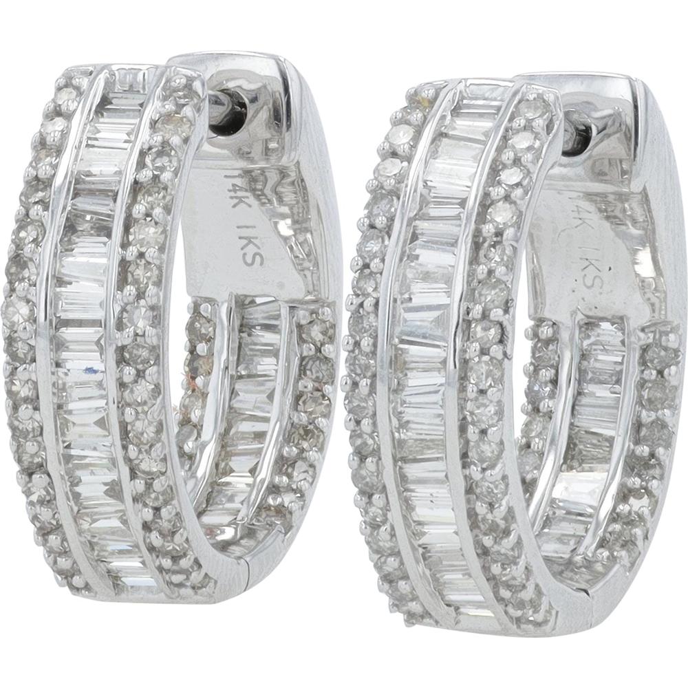 14K White Gold Inside-Out Diamond Hoop Earrings with 1.00 Carat Total Baguette Diamonds