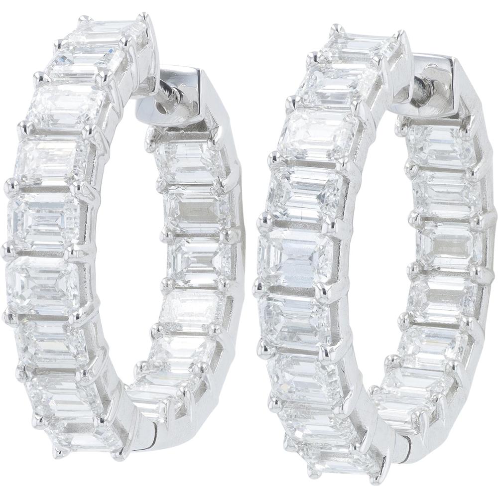 14K White Gold Inside - Out Hoop Earrings with 8.00 Carat Total Lab Grown Emerald Cut Diamonds