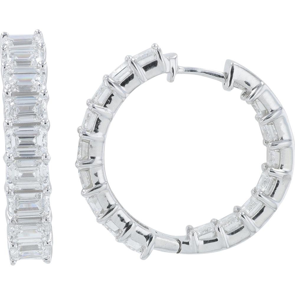 14K White Gold Inside - Out Hoop Earrings with 8.00 Carat Total Lab Grown Emerald Cut Diamonds