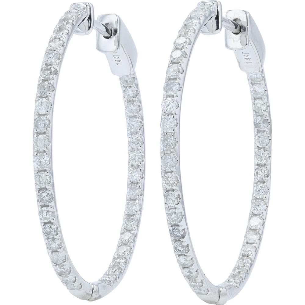 14K White Gold Inside-Out Hoop Earrings with Round Diamonds - 1.50 Carat Total Diamond Weight