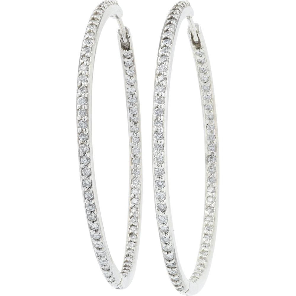 14K White Gold Inside - Out Hoop Earrings with Round Diamonds - 1.50 Carat Total Diamond Weight