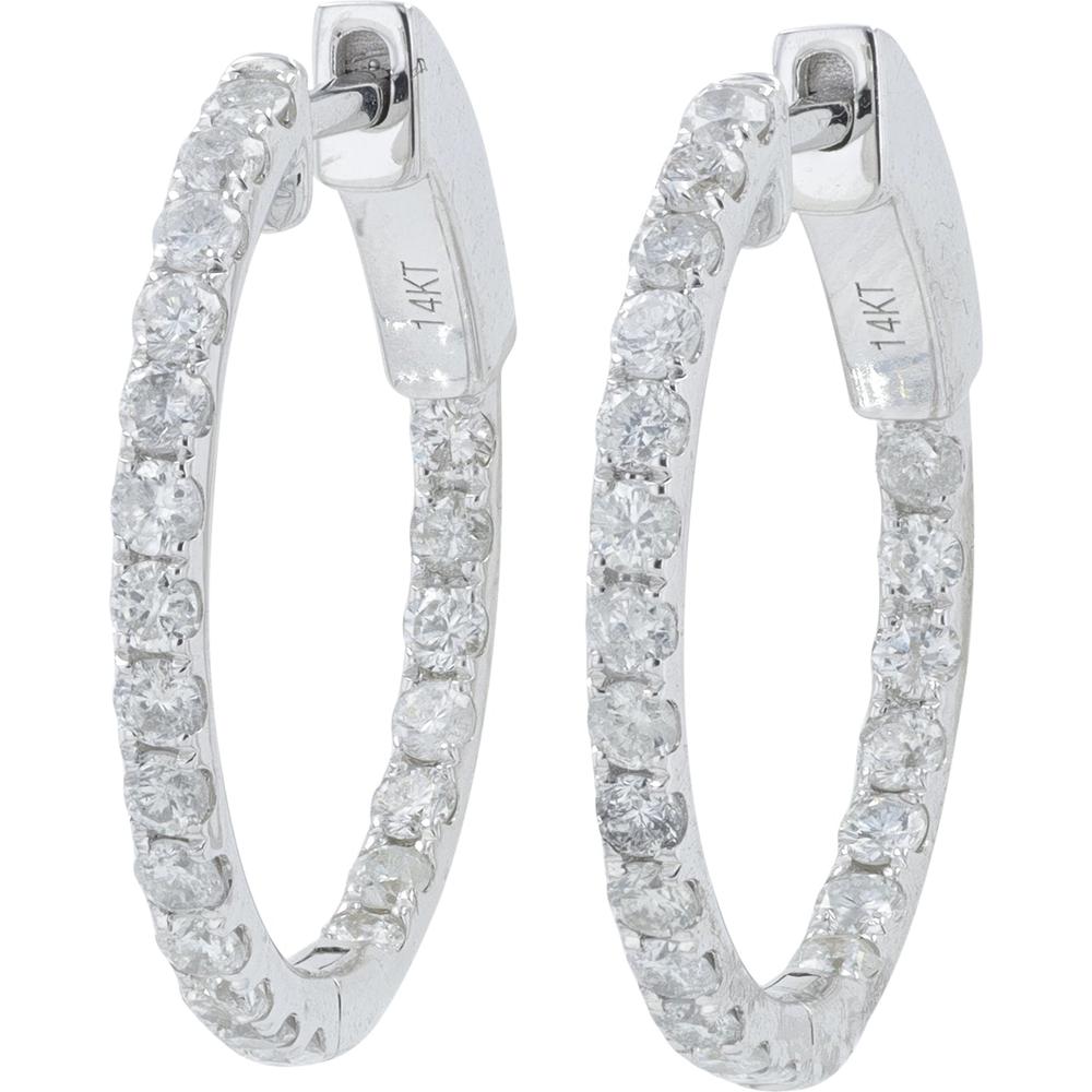 14K White Gold Inside - Out Medium Hoop Earrings with 1.00 Carat Total Prong Set Round Diamonds