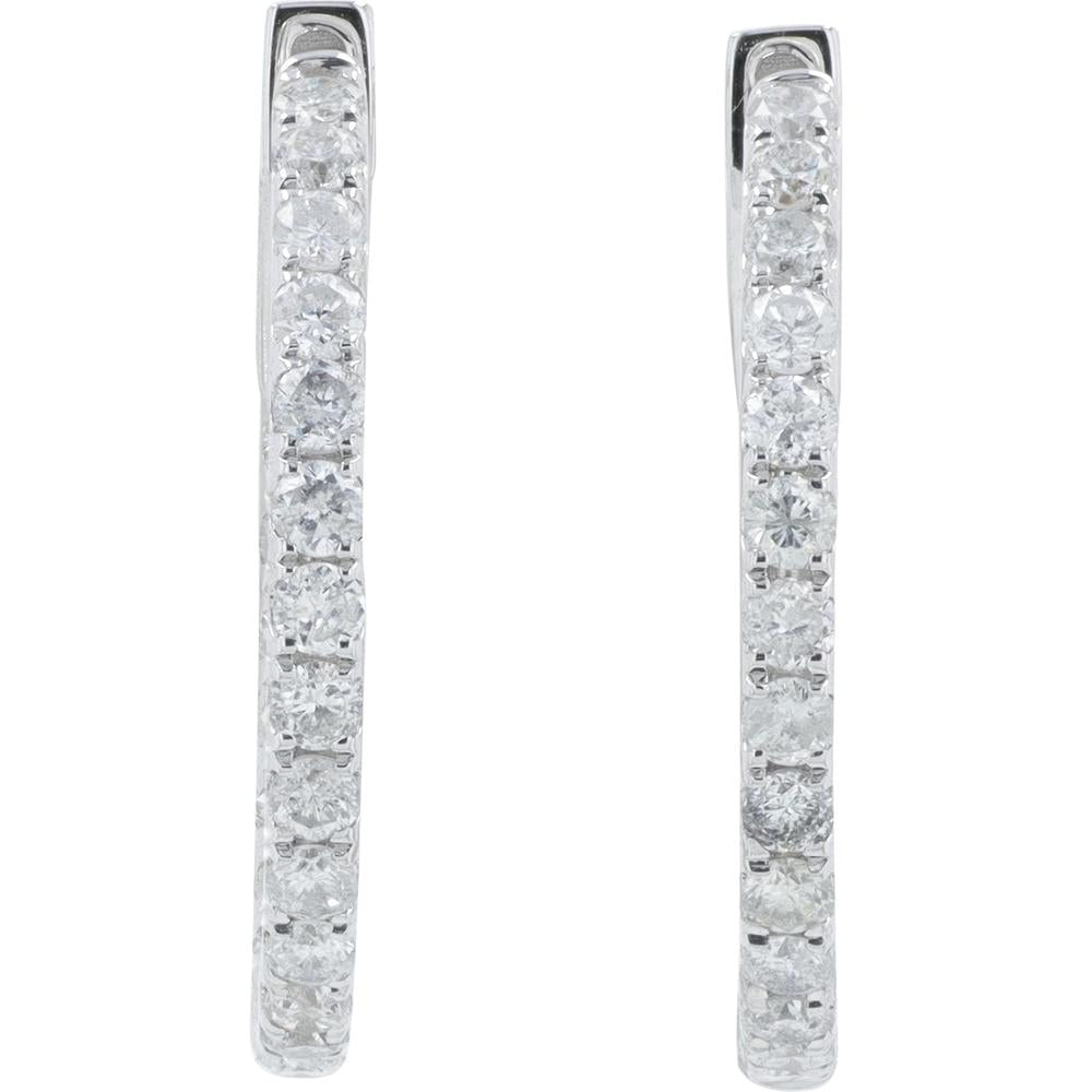 14K White Gold Inside - Out Medium Hoop Earrings with 1.00 Carat Total Prong Set Round Diamonds