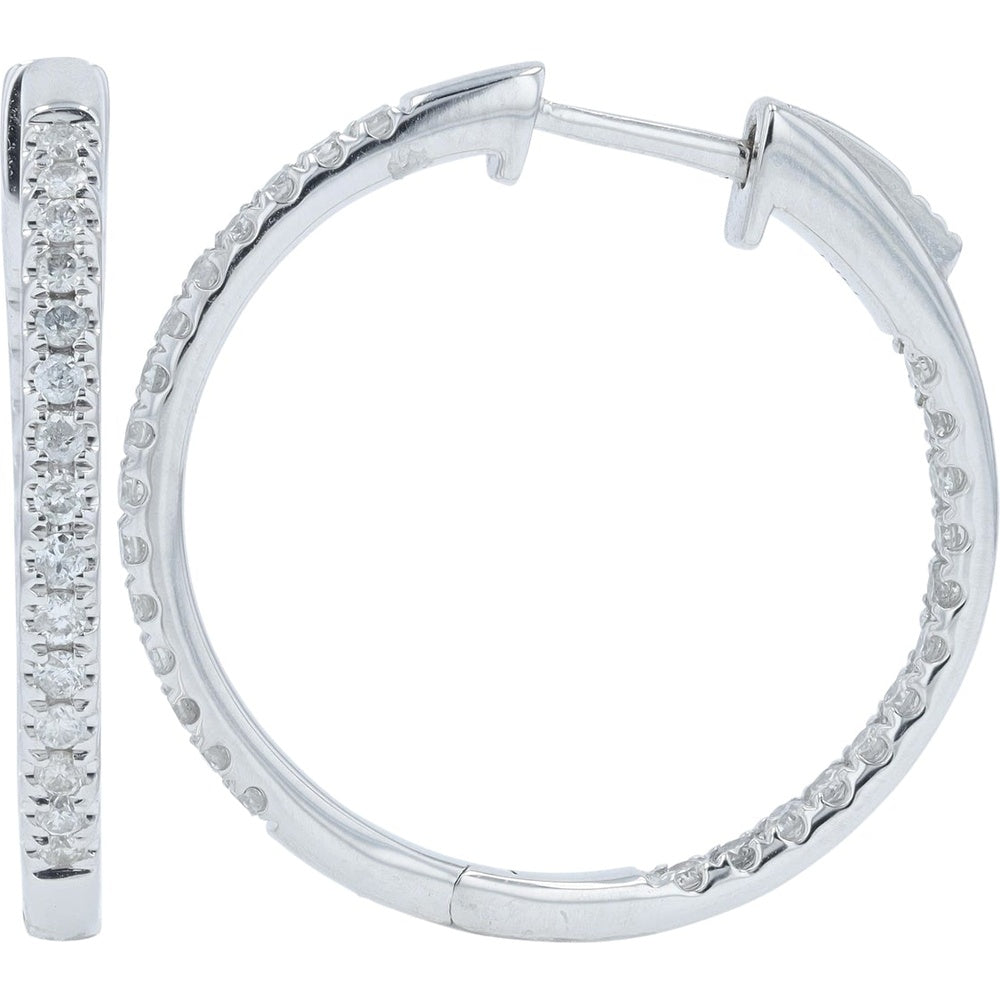14K White Gold Inside-Out Medium Hoop Earrings with Prong-Set Round Diamonds - 0.50 Carat Total Diamond Weight