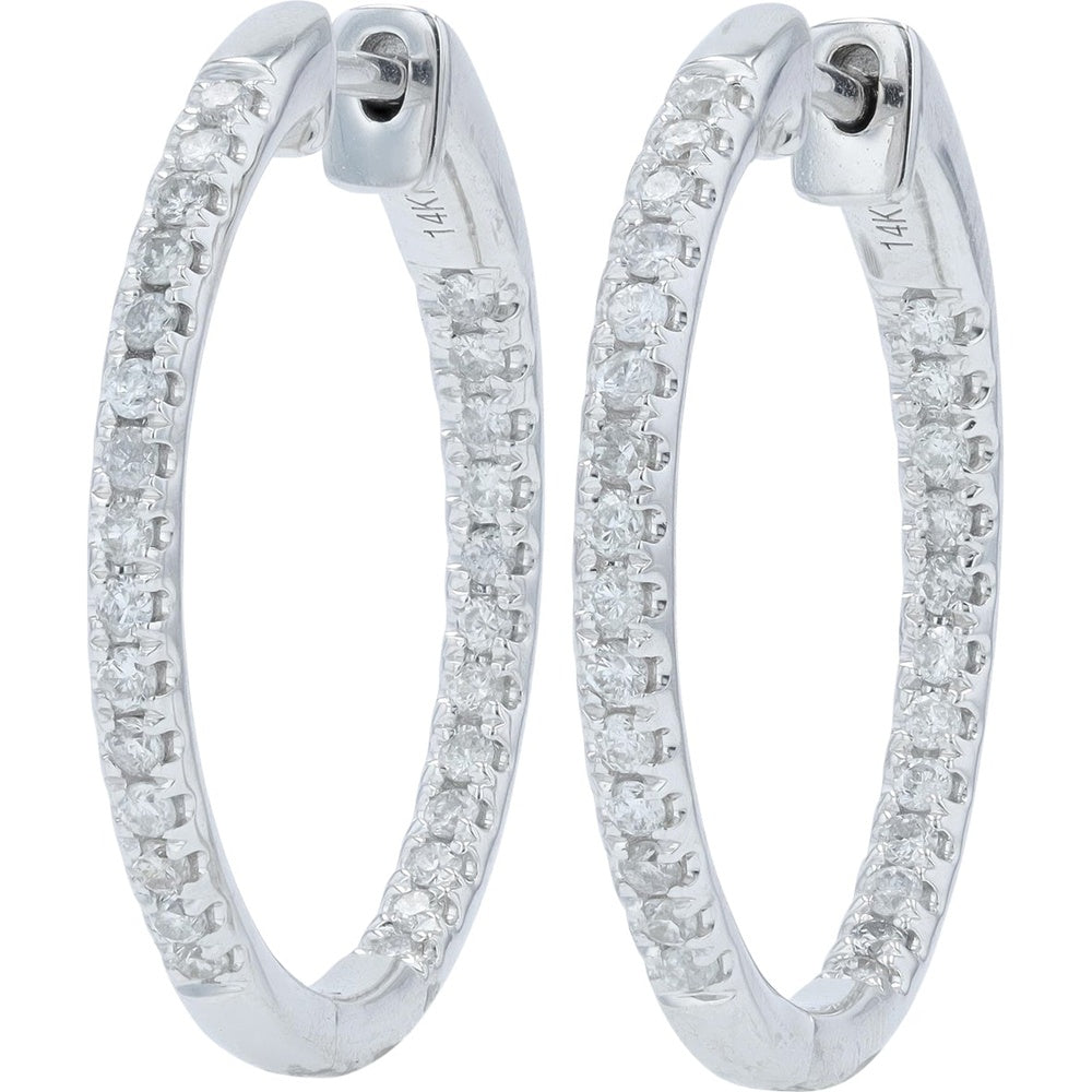 14K White Gold Inside-Out Medium Hoop Earrings with Prong-Set Round Diamonds - 0.50 Carat Total Diamond Weight