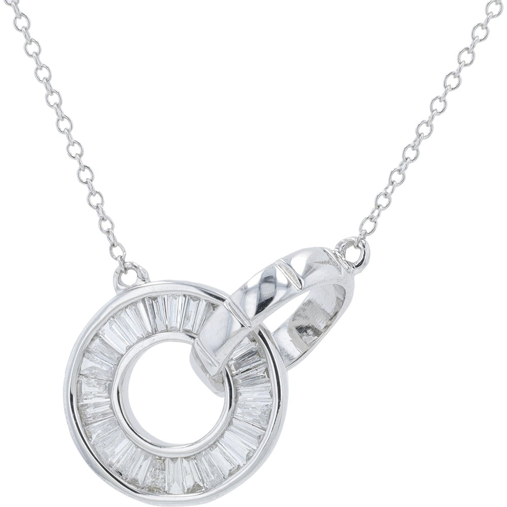 14K White Gold Interlocking Circle Pendant Necklace with Tapered Baguette Diamonds - 0.30 Carat Total Diamond Weight