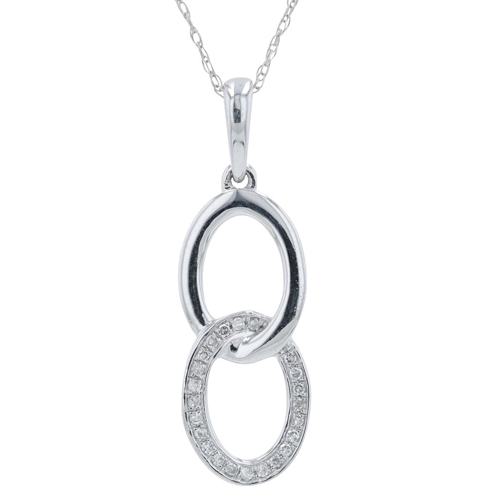 14K White Gold Interlocking Double Oval Pendant Necklace with Pavé-Set Round Diamonds - 0.08 Carat Total Diamond Weight