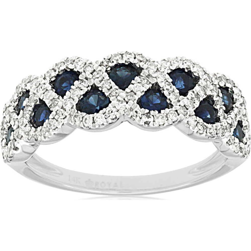 14K White Gold Interlocking Halo Ring with Round Blue Sapphires and Diamond Accents - 0.65 Carat Sapphire Total Weight, 0.35 Carat Diamond Total Weight - Royal Jewelry