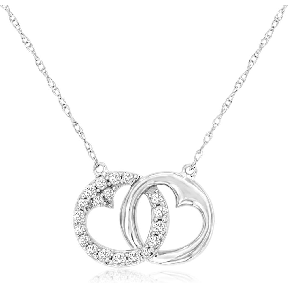 14K White Gold Interlocking Heart Pendant Necklace with Prong-Set Round Diamonds - 0.16 Carat Total Diamond Weight - Royal Jewelry