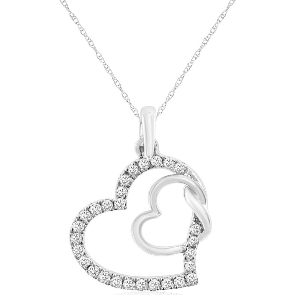 14K White Gold Interlocking Open Heart Pendant with Prong-Set Round Diamonds - 0.25 Carat Total Diamond Weight - Royal Jewelry
