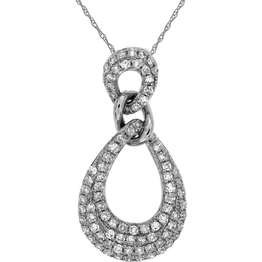 14K White Gold Interlocking Teardrop Pendant Necklace with Pavé Set Round Diamonds - 0.35 Carat Total Diamond Weight - Royal Jewelry