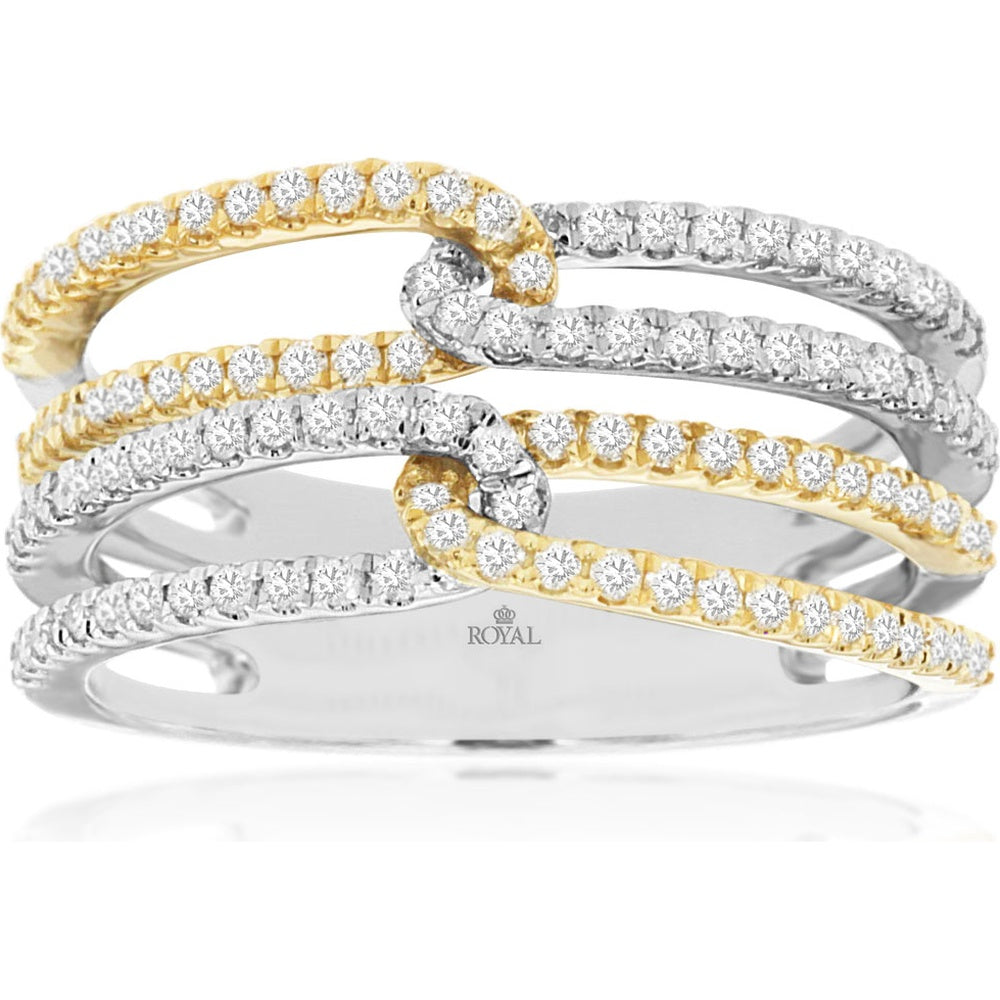 14K White Gold Interlocking Two-Tone Diamond Band Ring with Round Brilliant Cut Prong Set Diamonds - 0.50 Carat Total Diamond Weight - Royal Jewelry