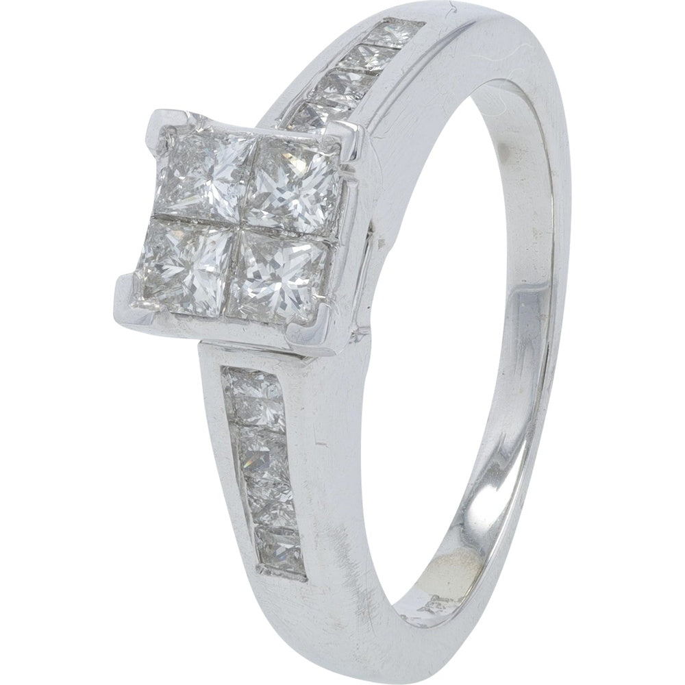 14K White Gold Invisible-Set Princess Cut Square Cluster Ring with Channel-Set Diamond Band - 0.75 Carat Total Diamond Weight