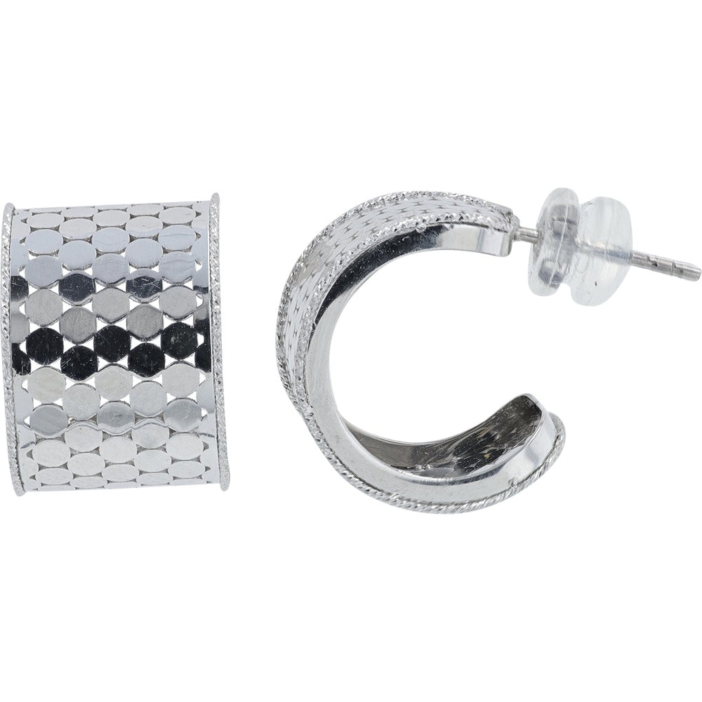 14K White Gold Italian C-Hoop Earrings with Hammered Finish and Milgrain Detail - 4.20 Grams Total Gold Weight