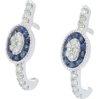 14K White Gold J-Hoop Earrings with Milgrain Halo and Oval Diamond Cluster - 0.33 Carat Total Sapphire Weight and 0.26 Carat Total Diamond Weight