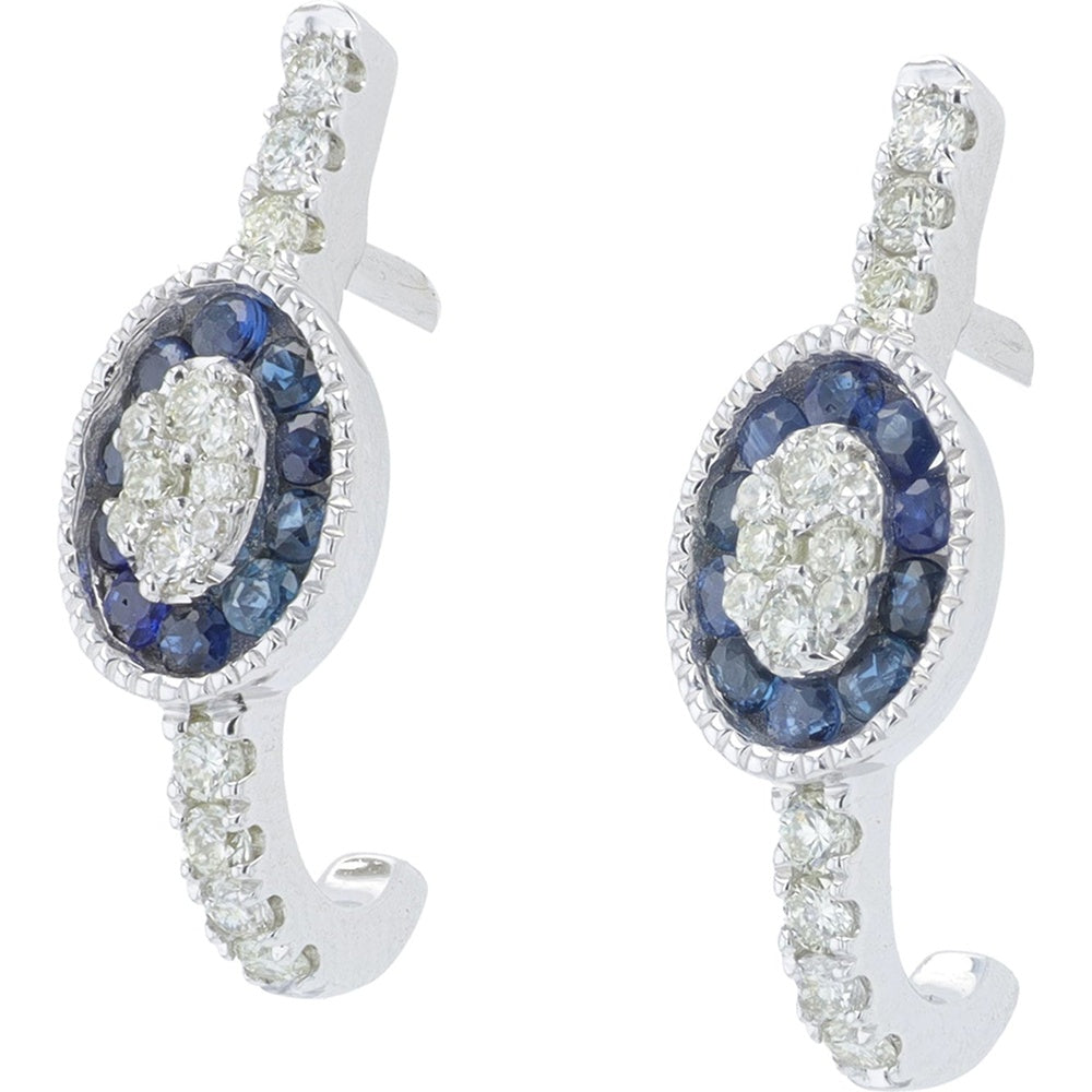 14K White Gold J-Hoop Earrings with Milgrain Halo and Oval Diamond Cluster - 0.33 Carat Total Sapphire Weight and 0.26 Carat Total Diamond Weight