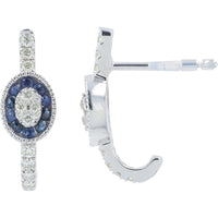 14K White Gold J-Hoop Earrings with Milgrain Halo and Oval Diamond Cluster - 0.33 Carat Total Sapphire Weight and 0.26 Carat Total Diamond Weight